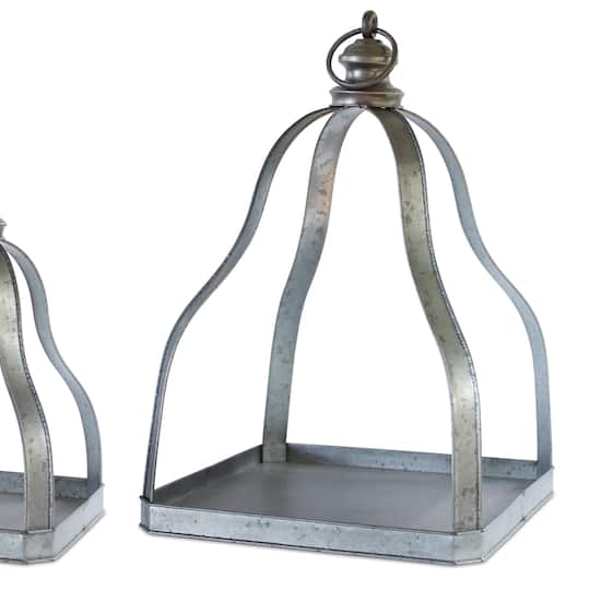 Gray & Black Galvanized Metal with Open Design Lantern Set